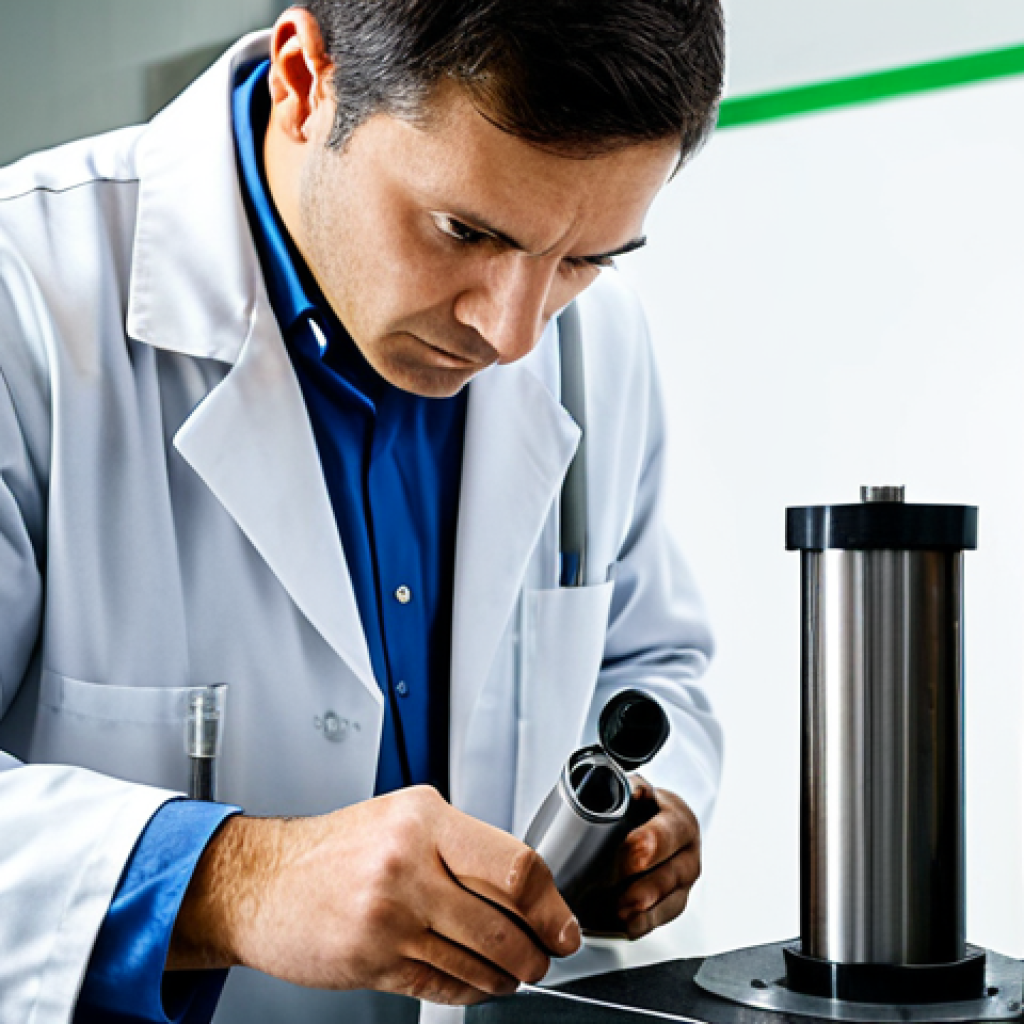 A focused, professional civil engineer, fully clothed in a clean lab coat over a modest business shirt and trousers, meticulously examining a concrete cylinder sample with a magnifying glass. The setting is a well-lit, modern materials testing laboratory with various traditional testing equipment in the background, including a compression testing machine. The engineer has perfect anatomy, correct proportions, and a natural, intent pose. The scene conveys dedication and precision. safe for work, appropriate content, professional, high quality, professional photography, realistic rendering, well-formed hands, proper finger count, natural body proportions.