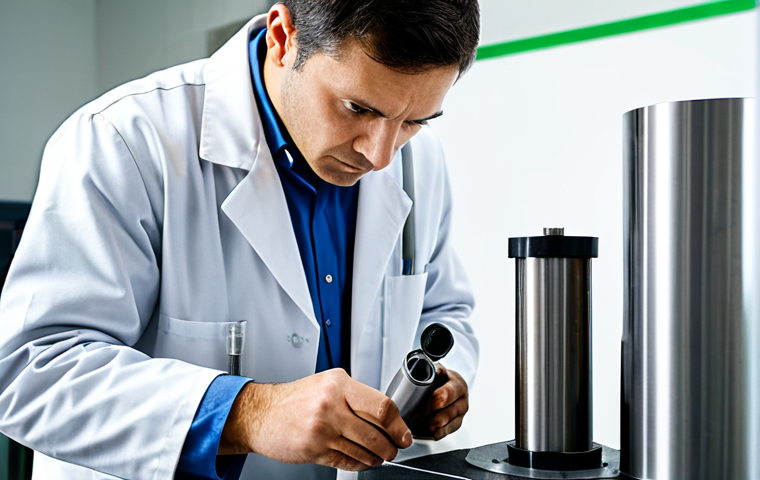 A focused, professional civil engineer, fully clothed in a clean lab coat over a modest business shirt and trousers, meticulously examining a concrete cylinder sample with a magnifying glass. The setting is a well-lit, modern materials testing laboratory with various traditional testing equipment in the background, including a compression testing machine. The engineer has perfect anatomy, correct proportions, and a natural, intent pose. The scene conveys dedication and precision. safe for work, appropriate content, professional, high quality, professional photography, realistic rendering, well-formed hands, proper finger count, natural body proportions.