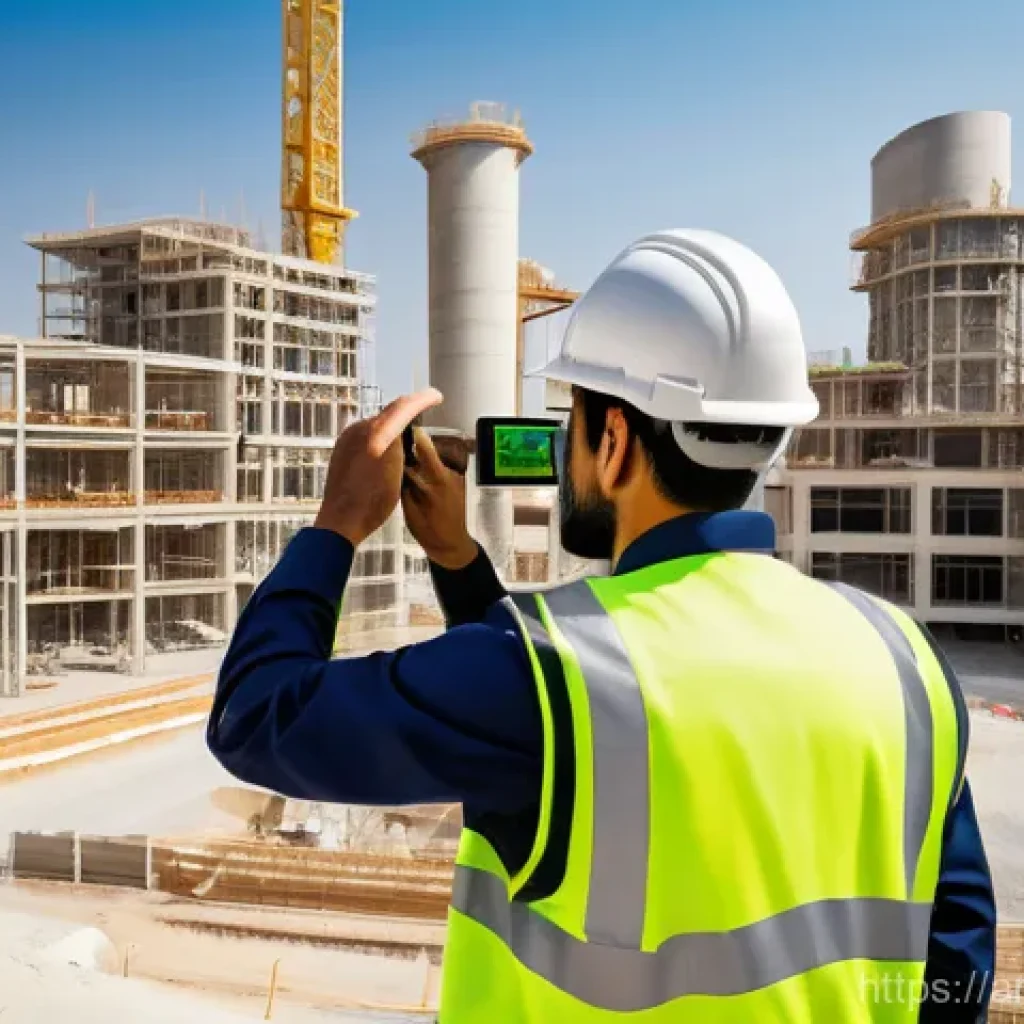 건설재료시험 실무에서의 설비 진단 기술 - **Prompt:** A highly skilled and focused Arab male engineer, wearing a clean, modern safety vest ove...