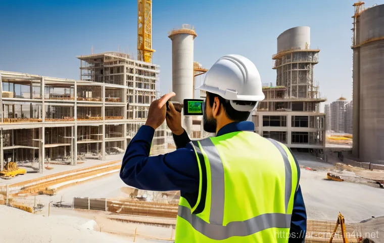 건설재료시험 실무에서의 설비 진단 기술 - **Prompt:** A highly skilled and focused Arab male engineer, wearing a clean, modern safety vest ove...