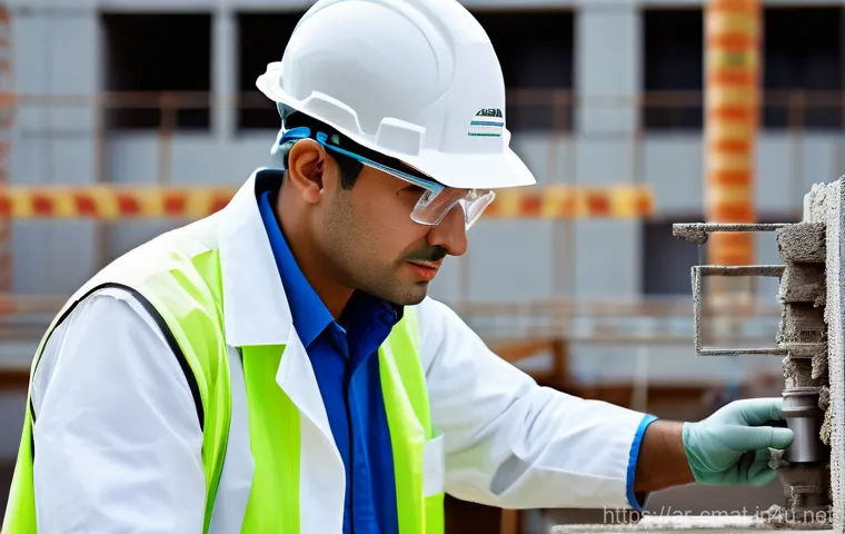 건설재료시험 기술자의 경력 설계 방법 - **"Foundations of Knowledge and Practical Skills"**: A focused civil engineering technician, wearing...