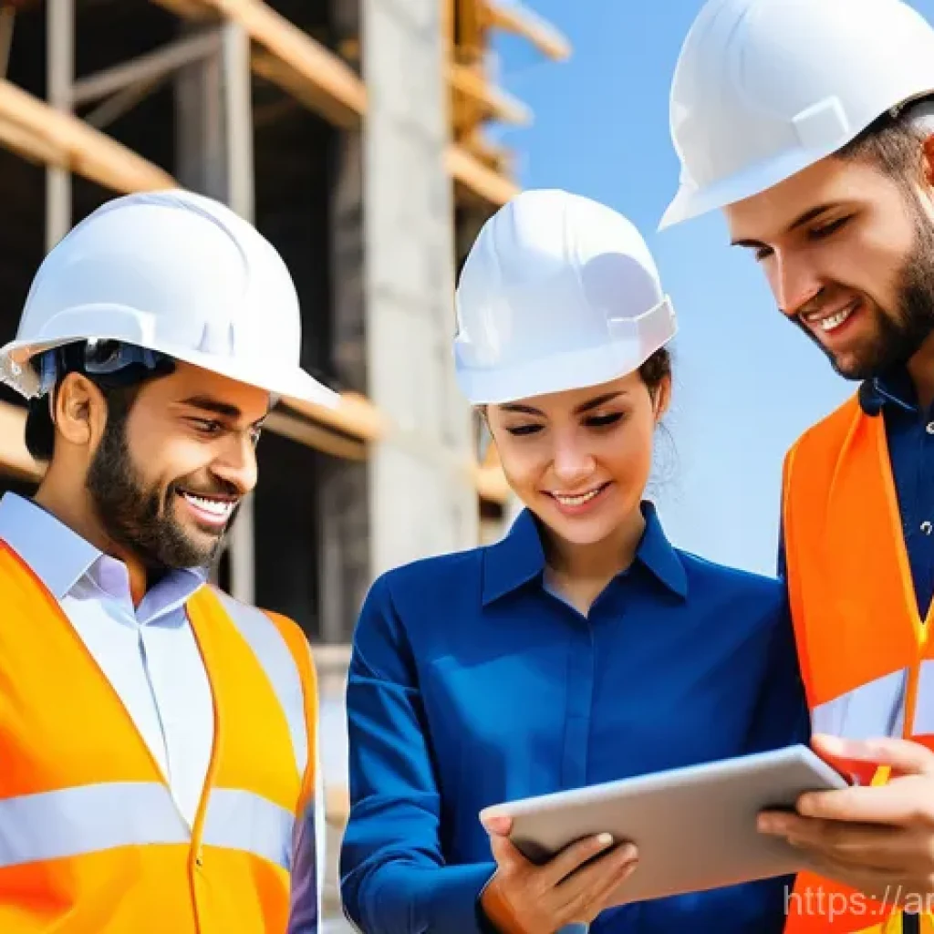 건설재료시험기사의 멘토링 프로그램 - **Prompt:** "A group of diverse civil engineers, wearing pristine white hard hats and bright orange ...