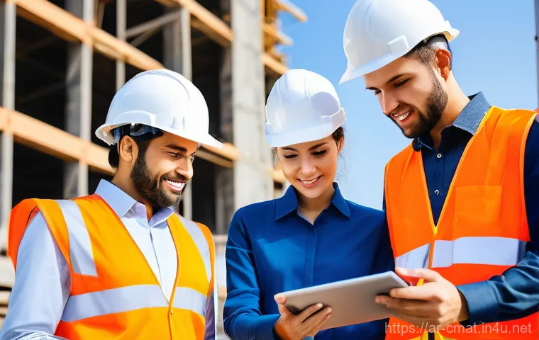 건설재료시험기사의 멘토링 프로그램 - **Prompt:** "A group of diverse civil engineers, wearing pristine white hard hats and bright orange ...