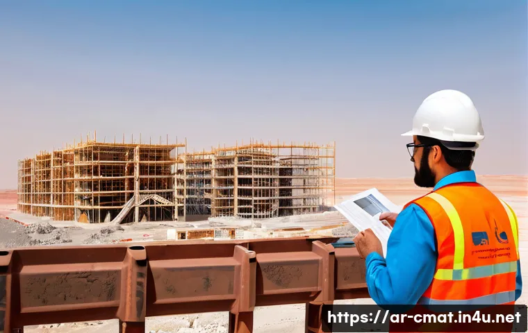 건설재료시험과 시험 장비 교정 - A modern construction site in Saudi Arabia showcasing a diverse range of high-quality building mater...