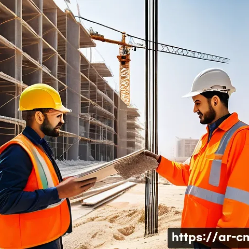 건설재료시험과 품질 관리 시스템 - A detailed construction site scene in a Middle Eastern city during daytime, showing engineers and wo...