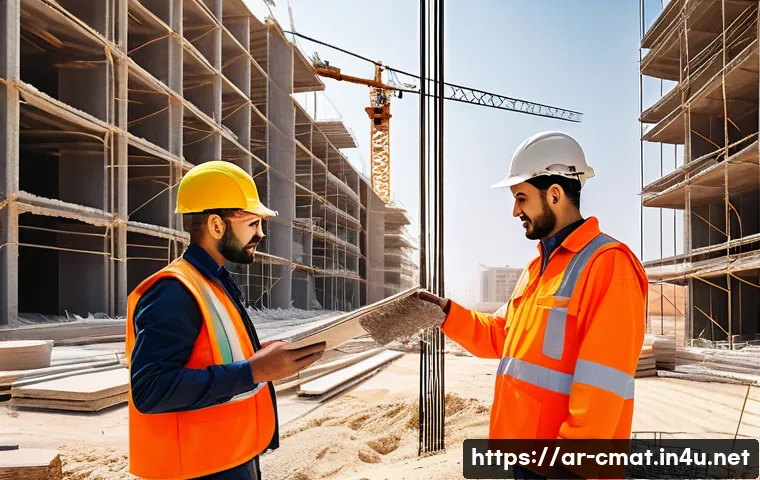 건설재료시험과 품질 관리 시스템 - A detailed construction site scene in a Middle Eastern city during daytime, showing engineers and wo...