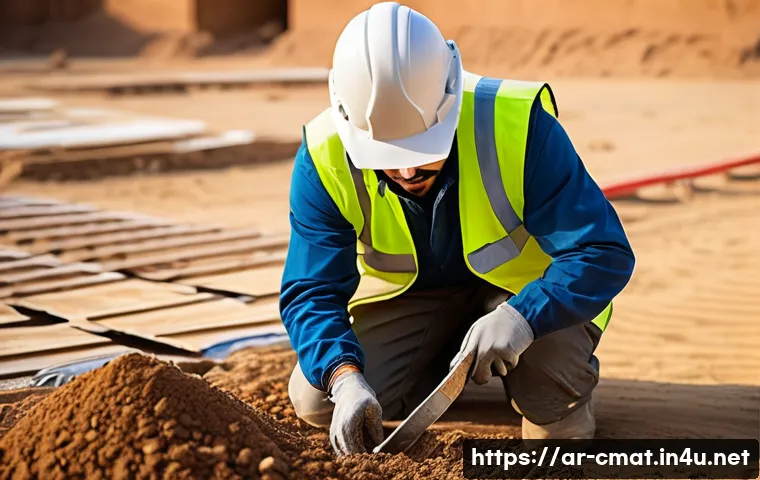 건설재료시험기사 실기시험 준비 팁 - A professional Middle Eastern engineer wearing appropriate safety gear, including gloves, a hard hat...