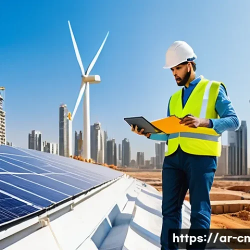 Home 33 건설재료시험 기술자와 신재생 에너지 활용 - A modern construction site in a sunny Middle Eastern city, featuring engineers using advanced digita...