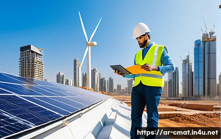 건설재료시험 기술자와 신재생 에너지 활용 - A modern construction site in a sunny Middle Eastern city, featuring engineers using advanced digita...