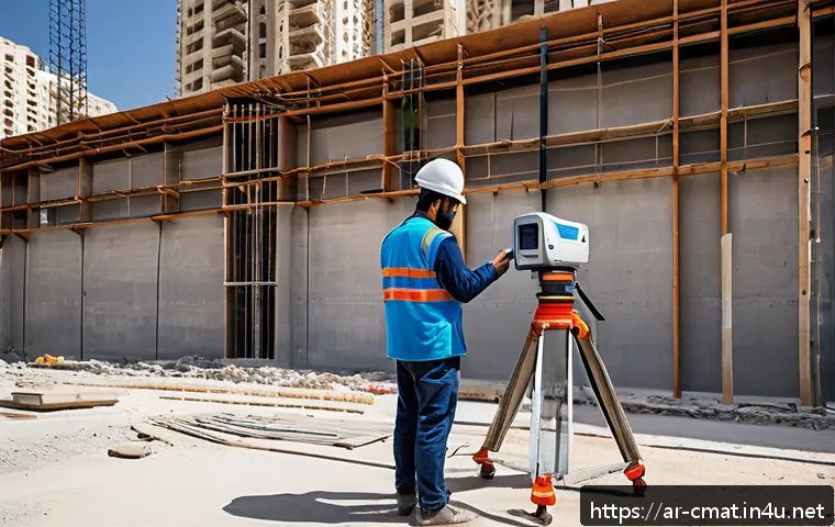 건설재료시험과 빌딩 성능 시험 - A detailed construction site scene in a Middle Eastern urban setting during daylight, showcasing eng...