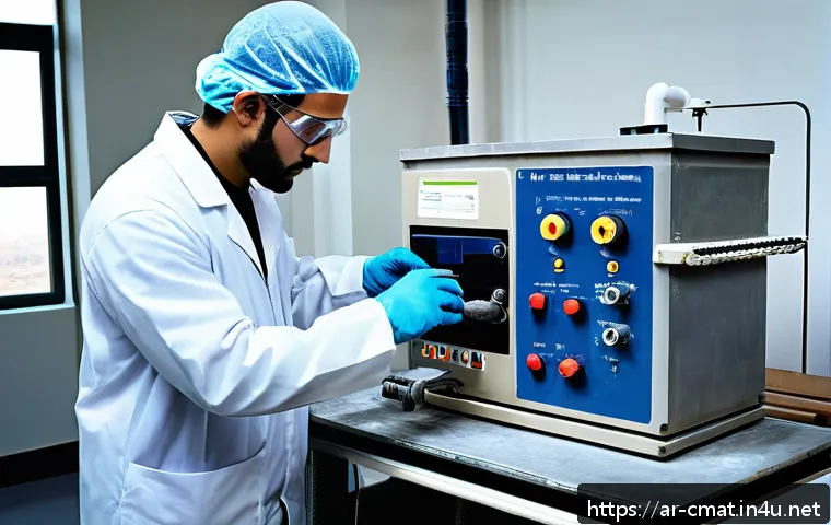 건설재료시험기사 실기시험 준비 노하우 - A detailed laboratory scene showcasing an Arab male engineer wearing safety goggles, gloves, and a l...
